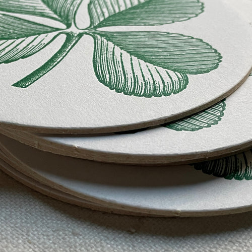 John Derian Set Of 8 Letterpress Green Clover Coasters Add To Cart Details Set Of 8 4" Diameter Heavyweight Paper Stock With Rubber Based Ink Made In Brooklyn New York Care Dry Flat For Multiple Uses