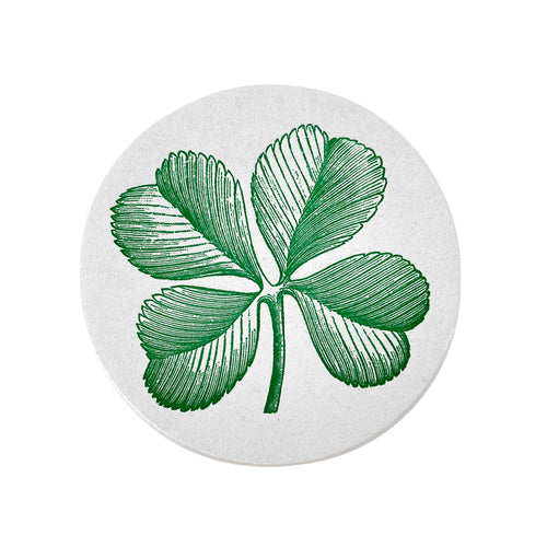 john derian Set of 8 Letterpress Green Clover Coasters Add to cart Details Set of 8 4" Diameter Heavyweight paper stock with rubber based ink Made in Brooklyn New York Care Dry flat for multiple uses