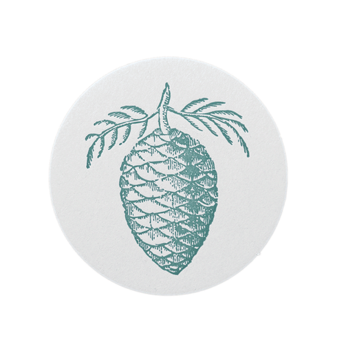 john derian Set of 8 Letterpress Pinecone Coasters Add to cart Details Set of 8 4" Diameter Heavyweight paper stock with rubber based ink Made in Brooklyn New York Care Dry flat for multiple uses