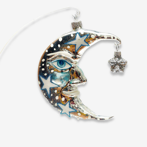 john derian Silver Crescent Moon with Star Ornament Add to cart All Holiday ornaments and items are final sale and are not eligible for return or exchange.  With its soft shimmering surface and subtle glow this silver crescent