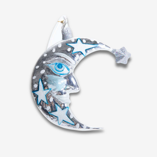 john derian Silver Crescent Moon with Stars Ornament Add to cart Crafted with celestial charm this Blue Crescent Moon with Stars Ornament features a deep blue crescent adorned with shimmering stars dotting its surface. The intri