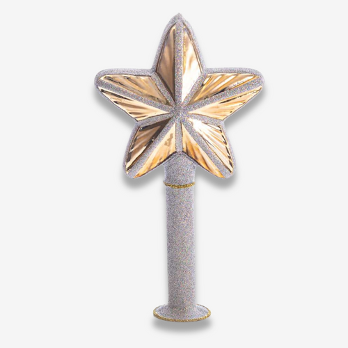 john derian Silver & Gold Star Tree Topper Add to cart This is a beautiful star-shaped tree topper featuring a glittery silver body with gold accents. The star has a textured design that adds depth and dimension while the metall
