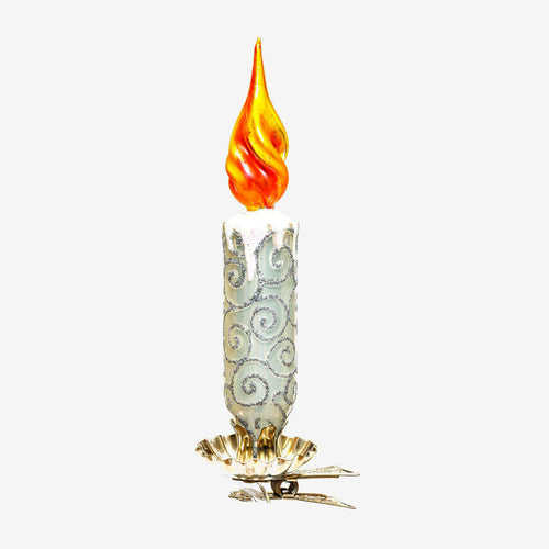 john derian Silver & White Candle Clip-on Ornament Add to cart All Holiday ornaments and items are final sale and are not eligible for return or exchange. Details 1" W x 5" H Handblown in Poland Please note all ornaments and