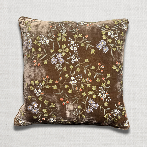 john derian Sophia Small Flower Embroidered Silk Velvet Cushion in Light Brown Add to cart The Anke Drechsel "Anna" pillow in light rouge is made from silk velvet and adorned with an embroidered floral motif. Anke's unique desig
