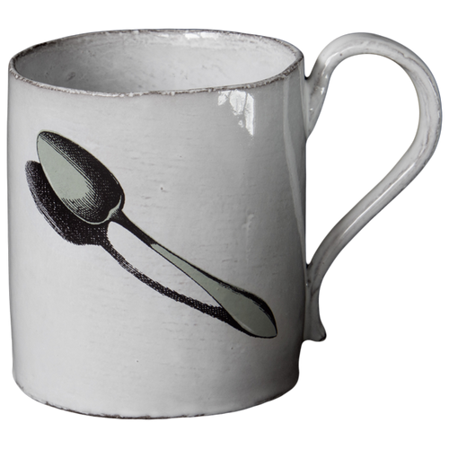 john derian Spoon Mug Add to cart Tasse Coffee Spoon Details 3" Diameter x 5" W X 4"H Glazed terracotta Made in Paris Care Dishwasher safe on a moderate wash cycle. Not microwave safe. Image Origin "The Instructive Picture Book