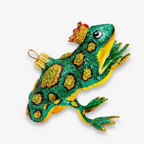 john derian Spotted Frog with Crown Ornament Add to cart Details 4" W x 2.5 T Glass Handblown in Poland Please note all ornaments and holiday items are not available for gift wrap. For questions please reach out to online john