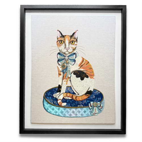 John Derian “Stella & Fitz” Pair Of Embroidered Cats By Zara Merrick Add To Cart Details Pair  "Stella & Fitz" By Zara Merrick 2024 30" W X 38" H  Mixed Media Floated In A Custom black Wooden Frame Behind Plexiglass Hand