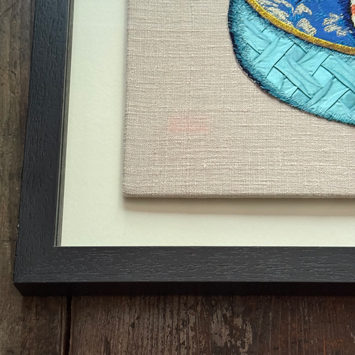 John Derian “Stella & Fitz” Pair Of Embroidered Cats By Zara Merrick Add To Cart Details Pair  "Stella & Fitz" By Zara Merrick 2024 30" W X 38" H  Mixed Media Floated In A Custom black Wooden Frame Behind Plexiglass Hand