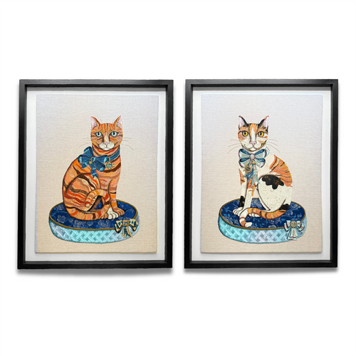 john derian “Stella & Fitz” Pair of Embroidered Cats by Zara Merrick Add to cart Details Pair  "Stella & Fitz" by Zara Merrick 2024 30" W x 38" H  Mixed media Floated in a custom black wooden frame behind plexiglass Hand