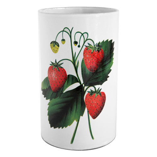 john derian Strawberry Vase Add to cart Details 6.6" Dimeter x 9.9" H Glazed terracotta Made in Paris Care Dishwasher safe on a moderate wash cycle. Not microwave safe. Image Origin USA 19th century.  John Derian teamed up wi