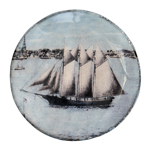 john derian Tern Schooner Saucer Add to cart Soucoupe Goelette a Trois Mats Details 4.5" Diameter x .5" Deep Glazed terracotta Made in Paris Care Dishwasher safe on a moderate wash cycle. Not microwave safe. John Derian teamed u