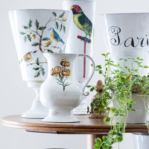 John Derian Titmouse Vase Add To Cart Vase Mésanges Details 7.5" Dimeter X 12.25" H Glazed Terracotta Made In Paris Care Dishwasher Safe On A Moderate Wash Cycle. Not Microwave Safe. Image Origin England 1738.  John Derian T