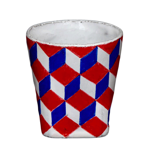 john derian Tricolore Small Cube Goblet Add to cart Gobelet Petit Cube Details 2.4" Diameter x 2.6" Height Black Terra Cotta with White Enameled Glaze Each item will feature unique variations Made in Paris Care Dishwasher safe o