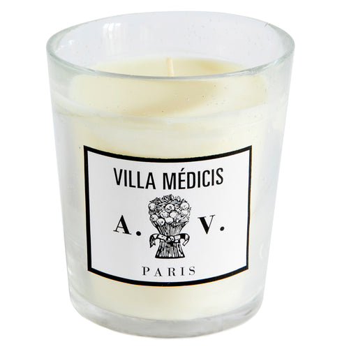 john derian Villa Médicis Candle Add to cart Contains essences of lemon lavender oregano and cedar. Details 3 1/2" diameter x 4" tall 100% natural 100% cotton braided wick Burn time: 60-70 hours The glass pots are blown in Tusc