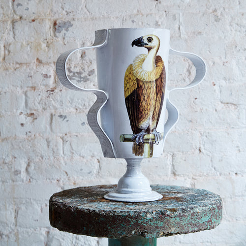 John Derian Vulture Vase Add To Cart Vase Vautour Details 6.75: Diameter X 15" W X 15.75" H Glazed Terracotta Made In Paris Care Dishwasher Safe On A Moderate Wash Cycle. Not Microwave Safe. Image Origin England 1736. John D