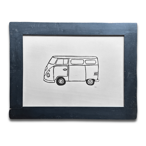 john derian "VW Bus" in a Vintage Frame Ready to Ship Linocut