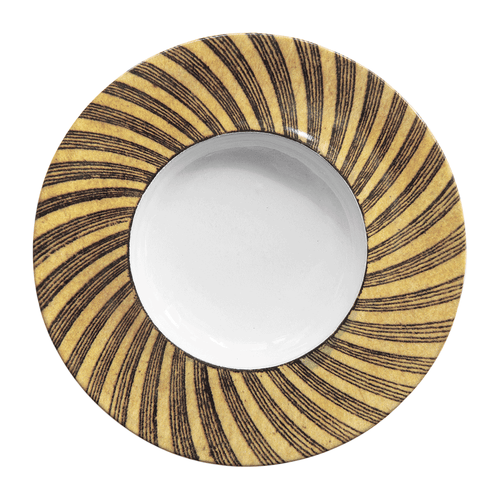 john derian Wide Rim ABC Spiral Dessert Plate Add to cart Details 7.7" Diameter x .8" Deep Glazed terracotta Made in Paris Care Dishwasher safe on a moderate wash cycle. Not microwave safe. John Derian teamed up with Astier de V