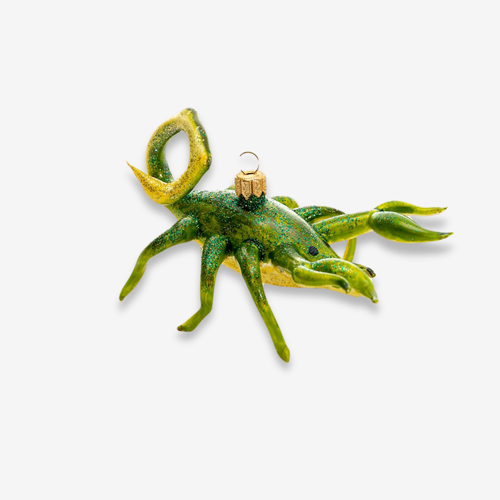 john derian Yellow & Green Scorpion Ornament Add to cart All Holiday ornaments and items are final sale and are not eligible for return or exchange.  This yellow and green scorpion ornament is a striking piece that combines vib