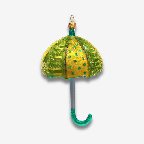 john derian Yellow & Green Umbrella Ornament Add to cart All Holiday ornaments and items are final sale and are not eligible for return or exchange.  Details Glass Handblown in Poland 5" H x 4" W Please note all ornaments and