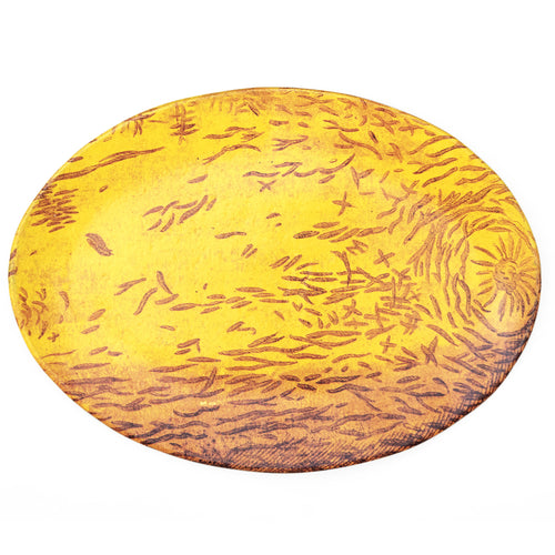 john derian Yellow Melo Pepo Platter Add to cart Plat Melo Pepo Jaune Details 14.1" L x 10.2" W x .7" Deep Glazed terracotta Made in Paris Care Dishwasher safe on a moderate wash cycle. Not microwave safe. Image Origin Germany 1