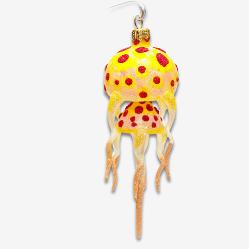 john derian Yellow & Pink Jellyfish Ornament Add to cart All Holiday ornaments and items are final sale and are not eligible for return or exchange.  This yellow spotted jellyfish ornament is a whimsical and vibrant decoration