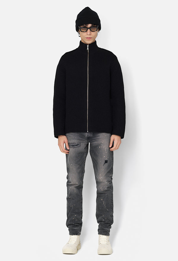 John Elliott Wool Waffle Knit Full-Zip Black