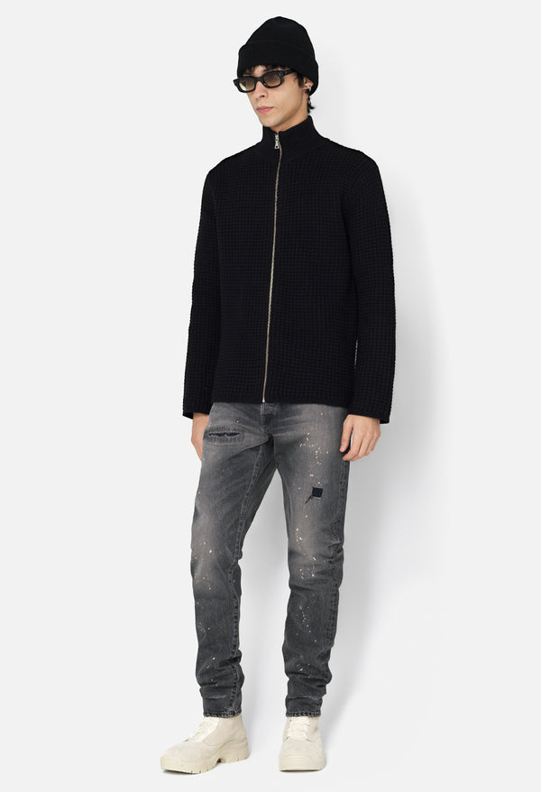 John Elliott Wool Waffle Knit Full-Zip Black