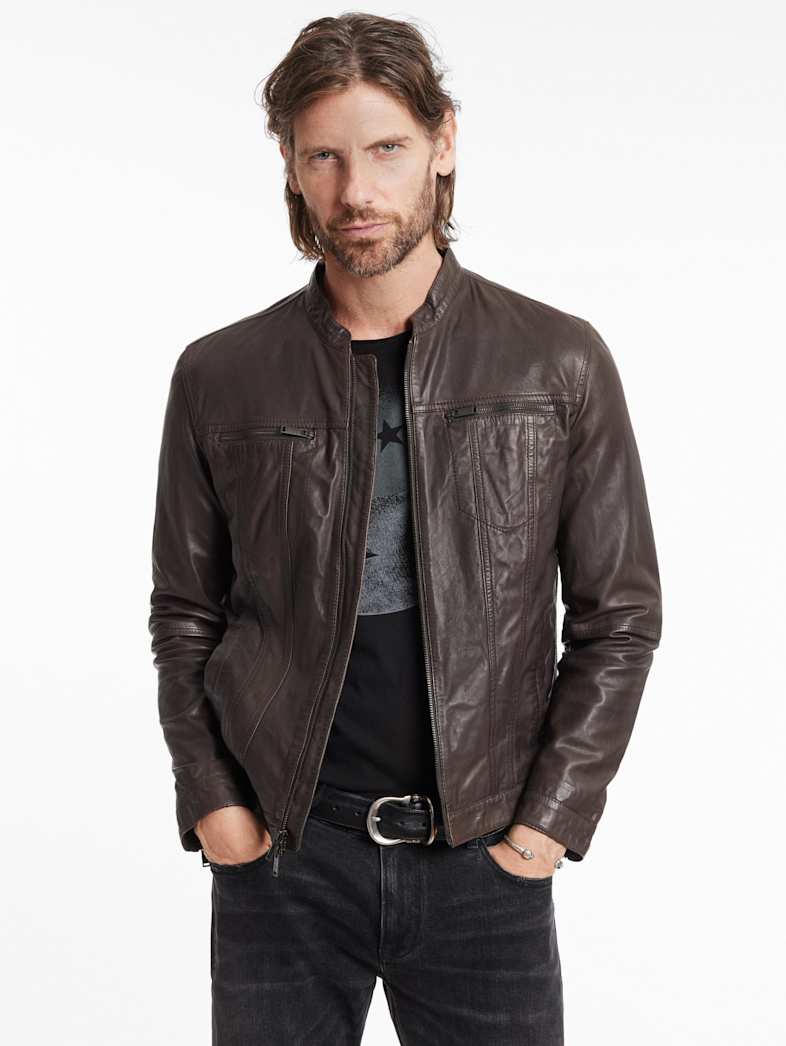 John Varvatos BRANDO BAND COLLAR JACKET Outlet Outlet Leather & Outerwear BRANDO BAND COLLAR JACKET CHARC BROWN