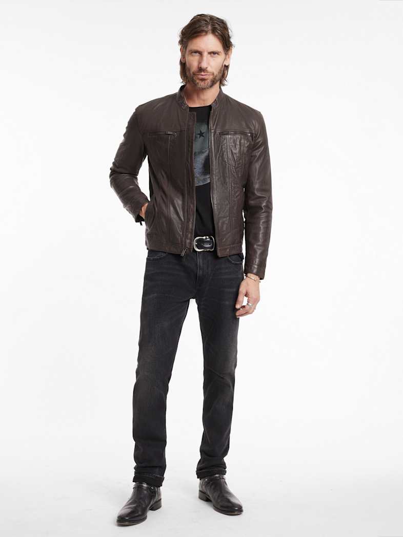John Varvatos BRANDO BAND COLLAR JACKET Outlet Outlet Leather & Outerwear BRANDO BAND COLLAR JACKET CHARC BROWN