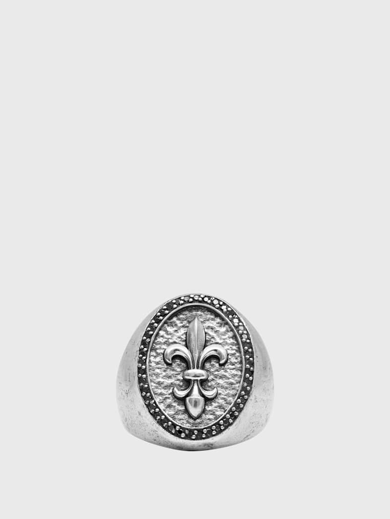 john varvatos FLEUR DE LIS FEATURE RING WITH BLACK DIAMONDS NO COLOR