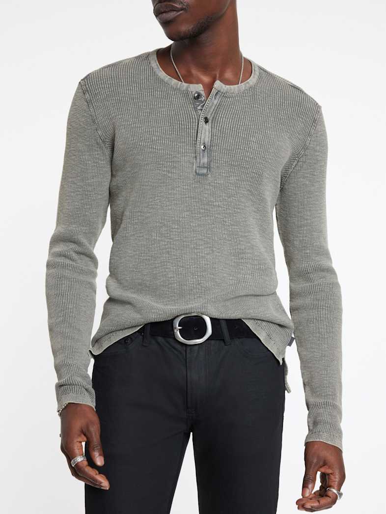 John Varvatos MEMPHIS WAFFLE HENLEY Clothing Featured JV ESSENTIALS MEMPHIS WAFFLE HENLEY GREY HTHR