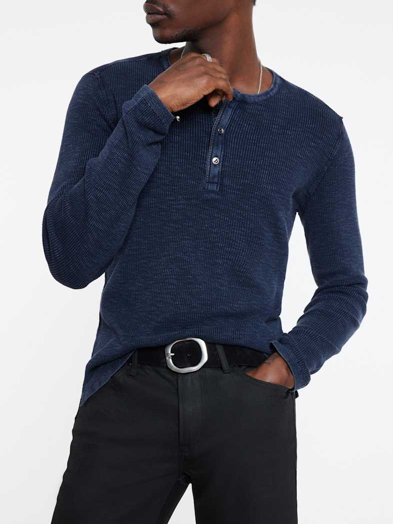 John Varvatos MEMPHIS WAFFLE HENLEY Clothing Featured JV ESSENTIALS MEMPHIS WAFFLE HENLEY NAVY