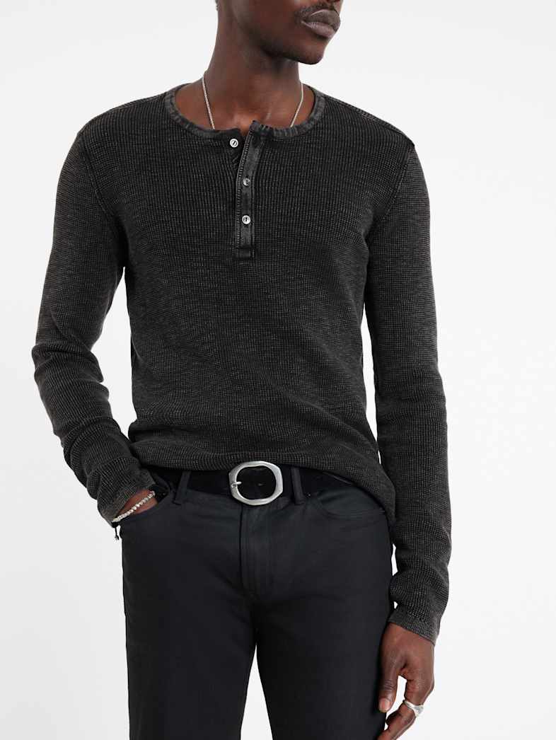 John Varvatos MEMPHIS WAFFLE HENLEY Clothing Featured JV ESSENTIALS MEMPHIS WAFFLE HENLEY BLACK