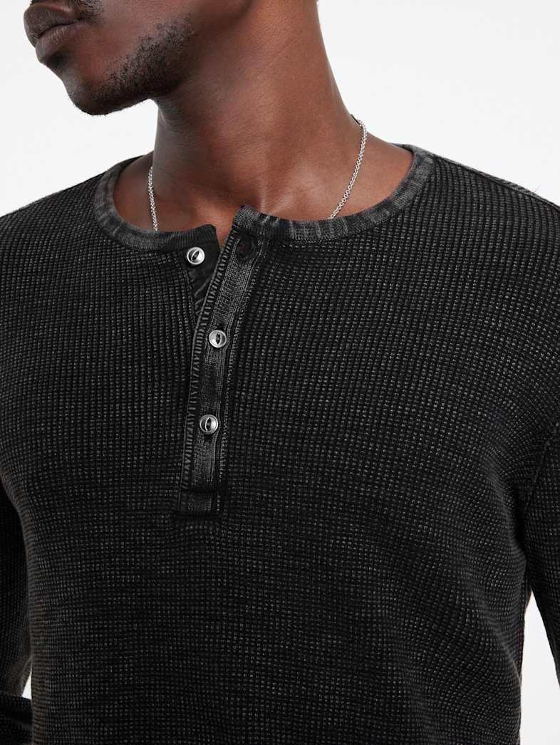 John Varvatos MEMPHIS WAFFLE HENLEY Clothing Featured JV ESSENTIALS MEMPHIS WAFFLE HENLEY BLACK