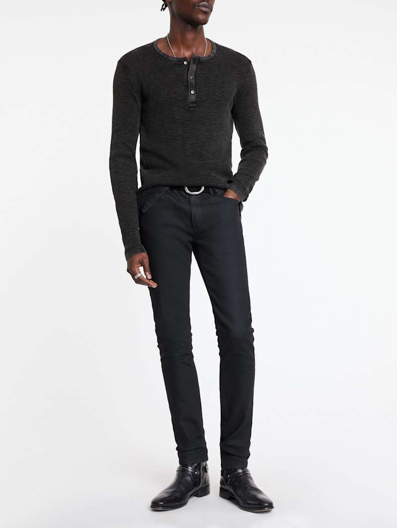 John Varvatos MEMPHIS WAFFLE HENLEY Clothing Featured JV ESSENTIALS MEMPHIS WAFFLE HENLEY BLACK