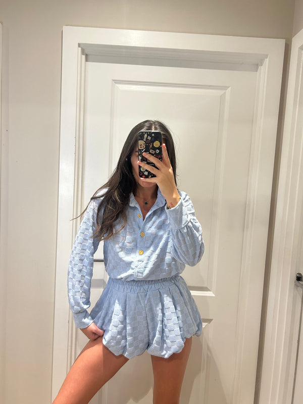 John Varvatos Baby Blue Towelling Square Print Shirt And Bloomer Shorts Suit