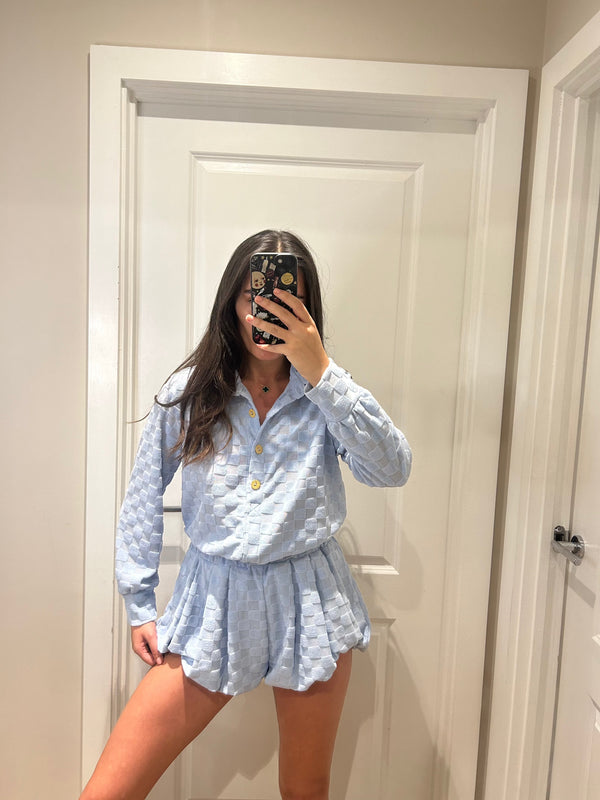 John Varvatos Baby Blue Towelling Square Print Shirt And Bloomer Shorts Suit