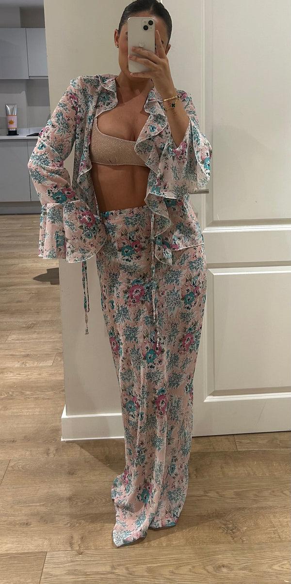 john varvatos Baby Pink Floral Chiffon Shirt and Maxi Skirt