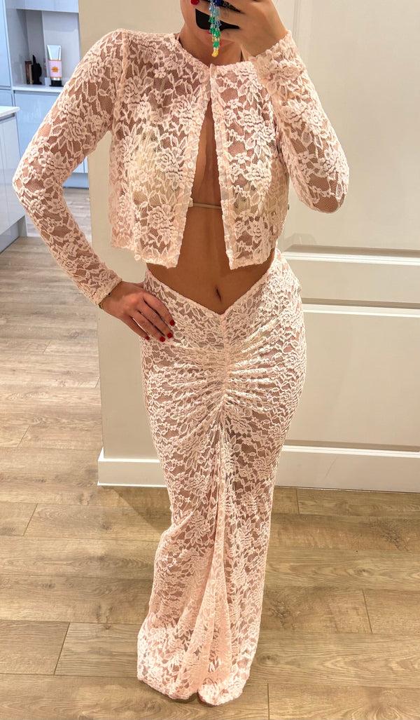 John Varvatos Baby Pink Lace Cardigan And Maxi Skirt Suit
