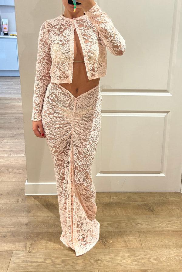 John Varvatos Baby Pink Lace Cardigan And Maxi Skirt Suit