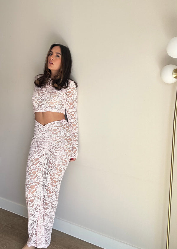 John Varvatos Baby Pink Lace Crop Top And Maxi Skirt Suit