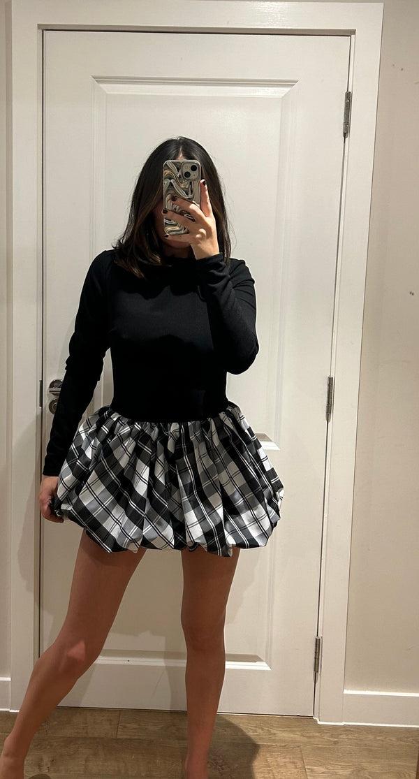 John Varvatos Black And Tartan Puff Ball Mini Dress