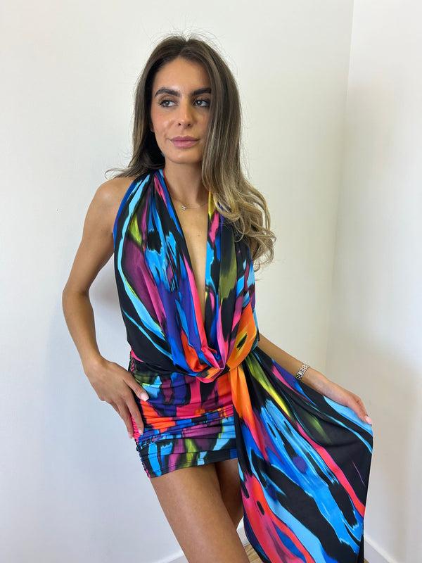 John Varvatos Black Splash Print Halterneck Drape Detail Dress