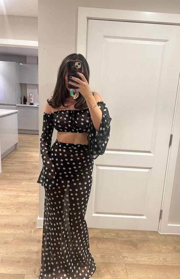 John Varvatos Black/White Polka Dot Crop Top And Maxi Skirt