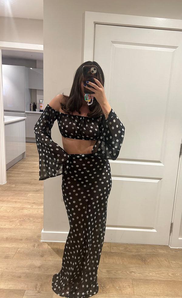 john varvatos Black/White Polka Dot Crop Top And Maxi Skirt