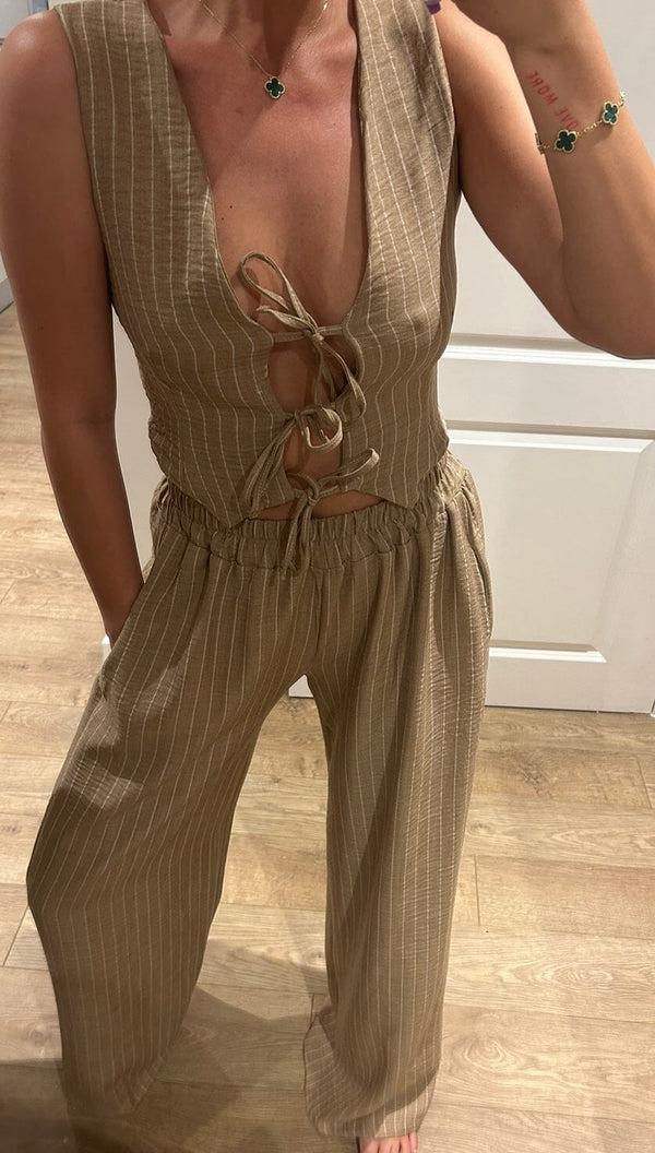 John Varvatos Camel Stripe Tie Up Waistcoat Trouser Suit