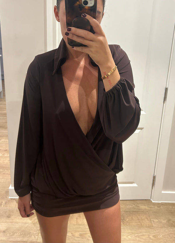 John Varvatos Chocolate Brown V Neck Shirt Mini Dress