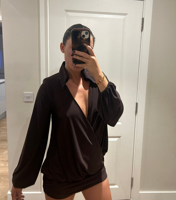 John Varvatos Chocolate Brown V Neck Shirt Mini Dress