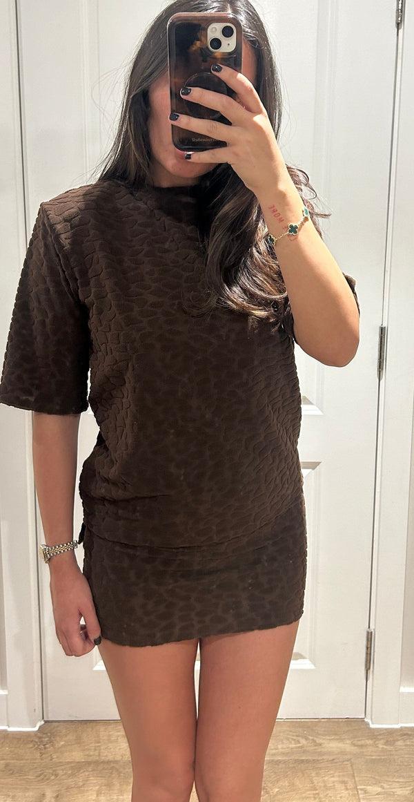 John Varvatos Chocolate Terry Towelling Pebble Print T-shirt & Mini Skirt
