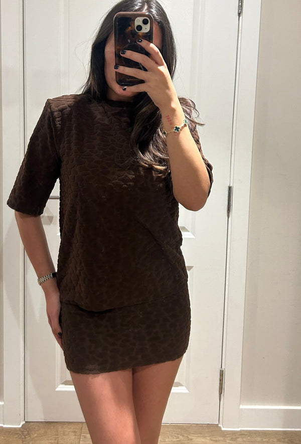 John Varvatos Chocolate Terry Towelling Pebble Print T-shirt & Mini Skirt